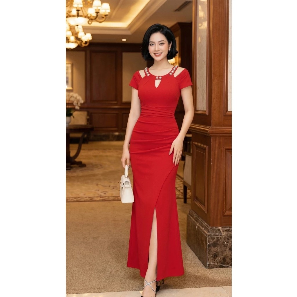 Váy Dự Tiệc Trung Niên Bigsize - Đầm Dự Tiệc Đi Ăn Cưới Thiết Kế Sang Trọng Cổ Tròn Dáng Ôm Xẻ Tà TK34