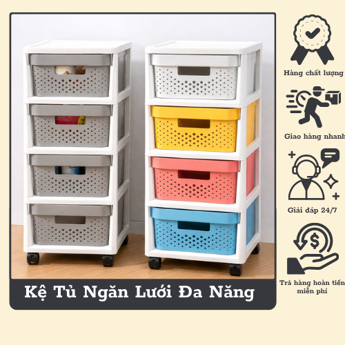 [Siêu Rẻ] Ngăn Kéo Rổ Lưới Đa Năng 4,5 Tầng Có Bánh Xe, Rổ Lưới Thoát Khí Nhựa PP Cao Cấp - MN023
