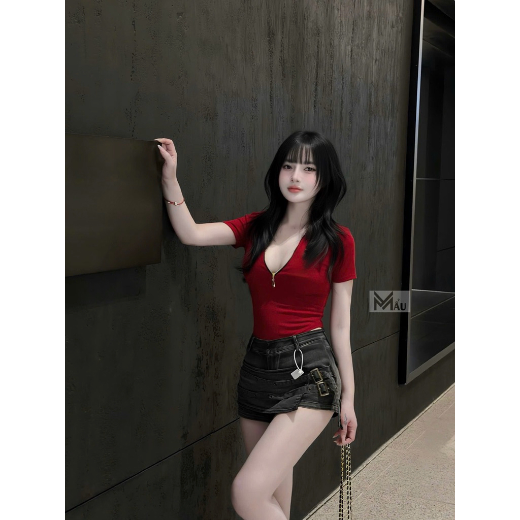 Áo bodysuit cộc tay khoá ngực siu sang chảnh