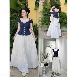 Set áo bi cột dây lưng kèm chân váy