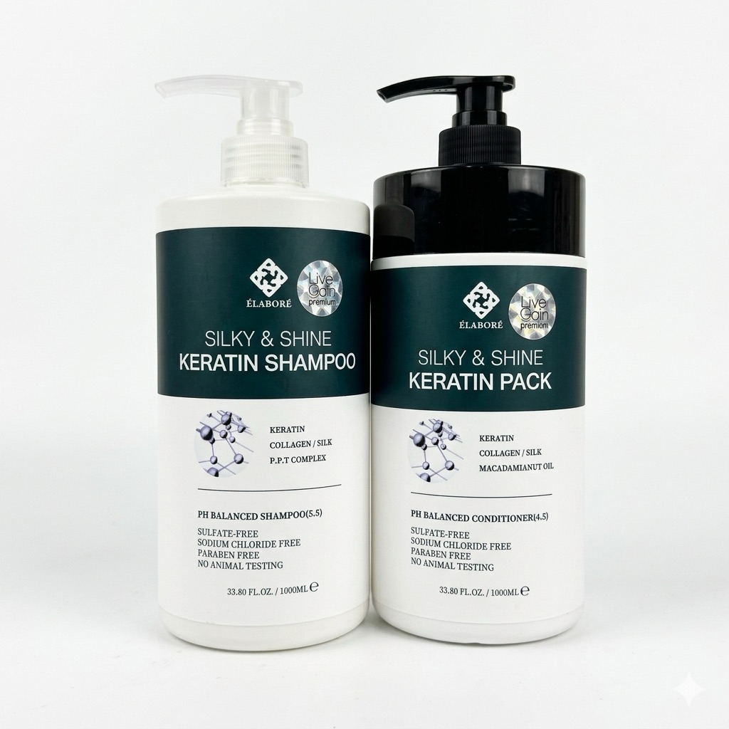 Bộ dầu gội xả Livegain Silky & Shine Keratin Elabore Hàn Quốc bóng mượt giảm xơ rối gãy rụng