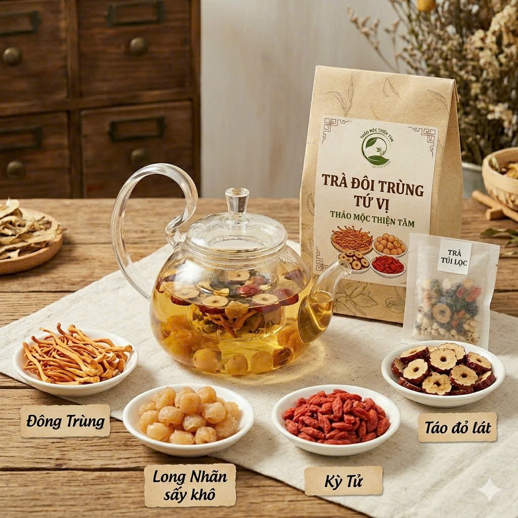 Trà Đông Trùng Tứ Vị - Mua 30 Gói Tặng 3 Gói Và Tặng Thêm 1 Gói Trà Bất Kỳ - Giúp Tăng Cường Sức Khoẻ Tổng Thể - TMTT