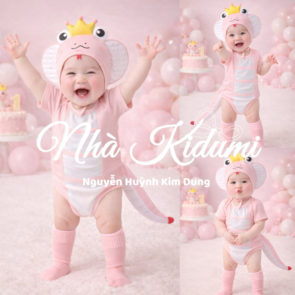 (KÈM TẤT) Bodysuit kèm nón rắn hổ mang màu hồng phấn có đuôi phía sau cho bé chất cotton mềm mát nhakidumi
