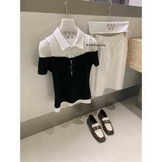 𝐏𝐡𝐢𝐞𝐧 𝐖𝐆𝐖𝐄 | (Sẵn) w9139 Áo Polo Cotton Khoét Vai Bản Cộc Tay Nơ Trước Tiểu Thư