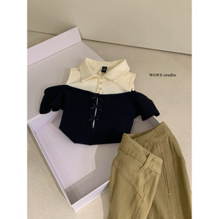 𝐏𝐡𝐢𝐞𝐧 𝐖𝐆𝐖𝐄 | (Sẵn) w9139 Áo Polo Cotton Khoét Vai Bản Cộc Tay Nơ Trước Tiểu Thư
