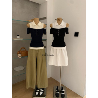 𝐏𝐡𝐢𝐞𝐧 𝐖𝐆𝐖𝐄 | (Sẵn) w9139 Áo Polo Cotton Khoét Vai Bản Cộc Tay Nơ Trước Tiểu Thư