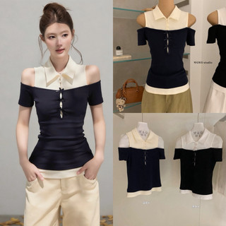 𝐏𝐡𝐢𝐞𝐧 𝐖𝐆𝐖𝐄 | (Sẵn) w9139 Áo Polo Cotton Khoét Vai Bản Cộc Tay Nơ Trước Tiểu Thư
