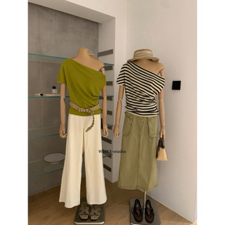 𝐏𝐡𝐢𝐞𝐧 𝐖𝐆𝐖𝐄 | (Sẵn) w9030 Áo Trễ Lệch Vai Cộc Tay Mùa Hè Chất Len Mỏng