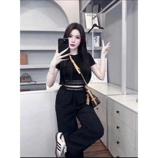 Cực Cháy Streetwear] Set Đồ Bộ Thể Thao Nữ Mei clothing shop - Áo Croptop Quần Suông - Viền Chun Chữ Siết Eo Hack Dáng
