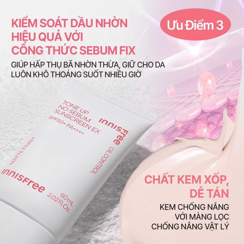 INNISFREE x KOL Kem chống nắng nâng tông kiềm dầu INNISFREE Tone Up No Sebum EX SPF 50+ PA++++ 60 mL