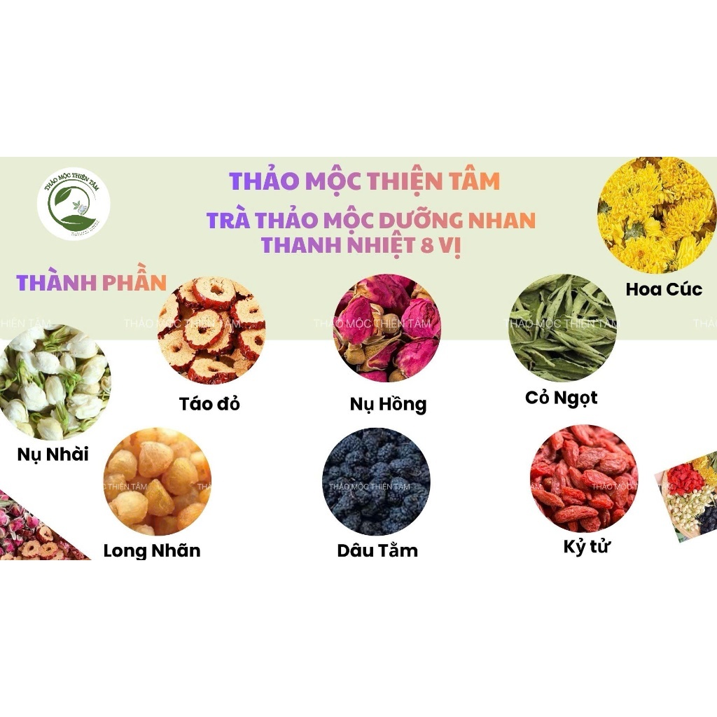 Trà Dưỡng Nhan Thanh Nhiệt 8 Vị - Mua 30 Gói Tặng 3 Gói Và Tặng Thêm 1 Gói Trà Bất Kỳ - Thảo Mộc Thiện Tâm