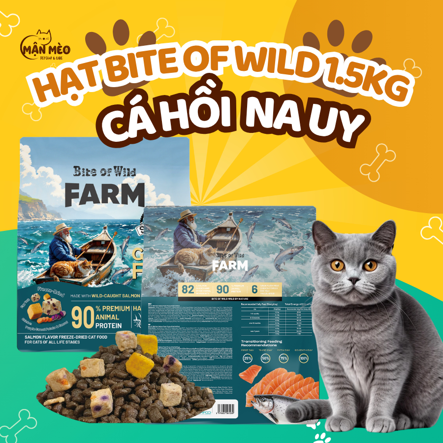 Hạt Cho Mèo Bite Of Wild Farm Cá Hồi, Gói 1.5KG, 90% Thịt Cá Hồi Na Uy, Gà Nuôi Thả, 6 Loại Chất Xơ