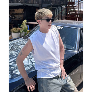 Áo thun Tanktop unisex màu trắng phối dây hai bên PAPY streetwear