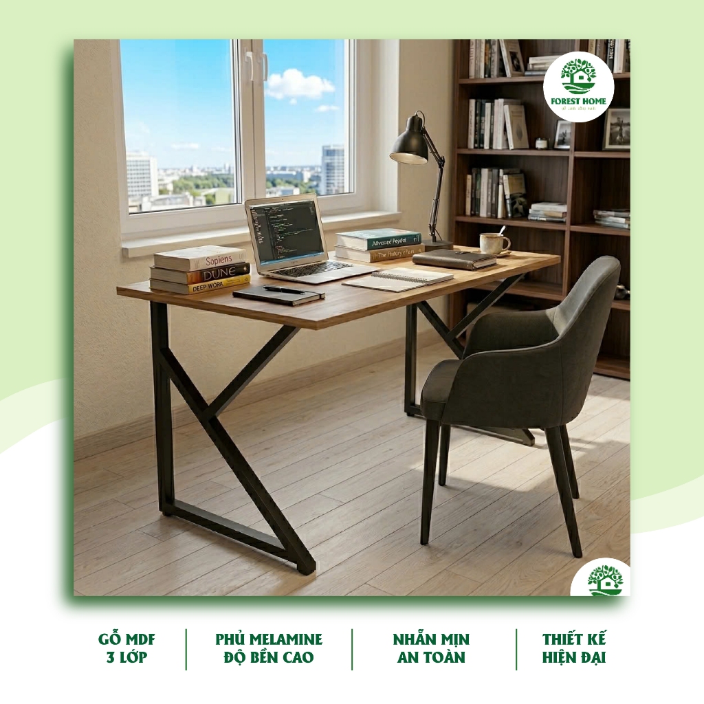 Bàn Chân K Cao Cấp, Bàn Học Bàn Làm Việc Khung Sắt Chắc Chắn, Mặt Gỗ MDF 15 LI Chống Trầy