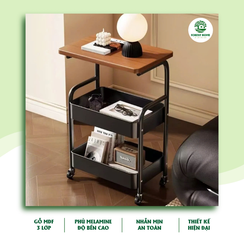 Kệ để đồ 3 tầng FOREST HOME đa năng có bánh xe tiên lợi, khung thép carbon chắc chắn, thiết kế hiện đại