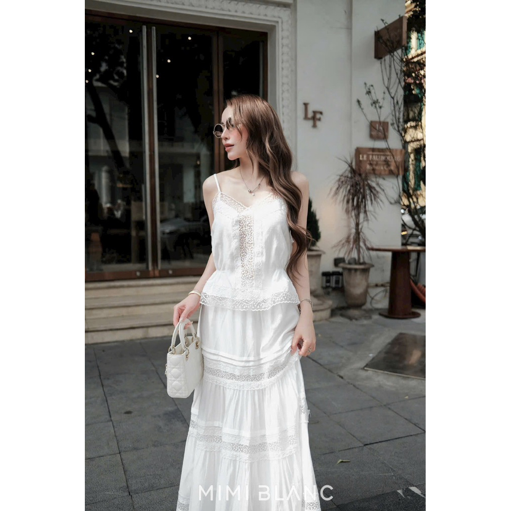 Set áo 2 dây chân váy maxi phối ren Mimi Blanc