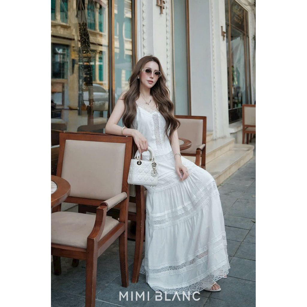 Set áo 2 dây chân váy maxi phối ren Mimi Blanc