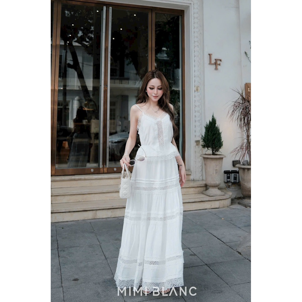 Set áo 2 dây chân váy maxi phối ren Mimi Blanc