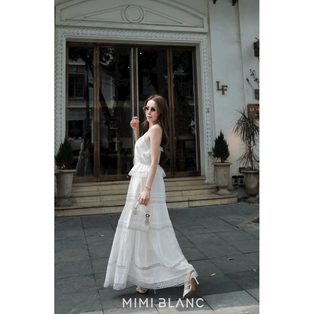 Set áo 2 dây chân váy maxi phối ren Mimi Blanc