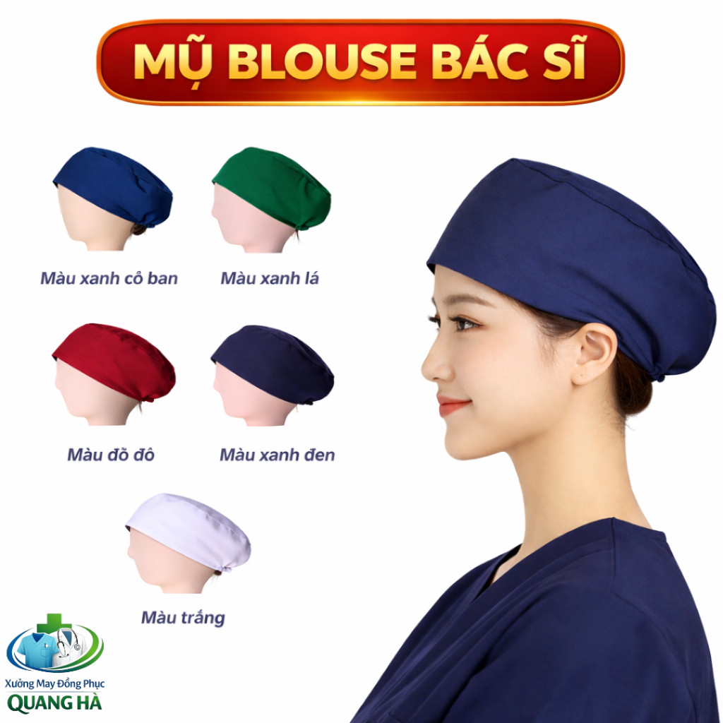Mũ đội đầu y tế nhiều màu- vải Lon Nhật - Mũ vải blu công nghệ trùm đầu, mũ công nhân trùm đầu, mũ vải bếp, nhân viên. c