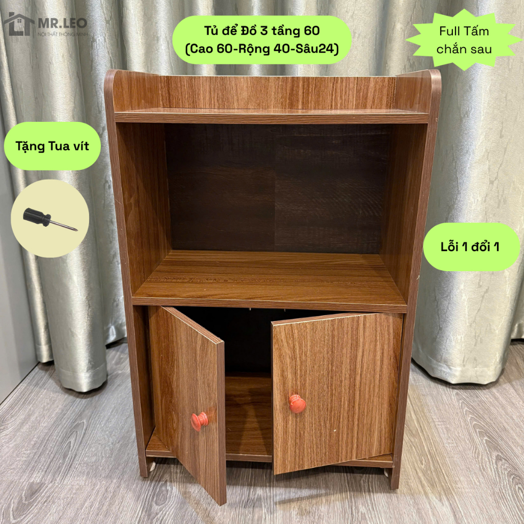 Tủ Để Đồ 3 Tầng Gỗ MDF – Kệ Trang Trí Đa Năng Có Cánh Tủ, Tủ Mini Decor Phòng Ngủ 40x60x24cm