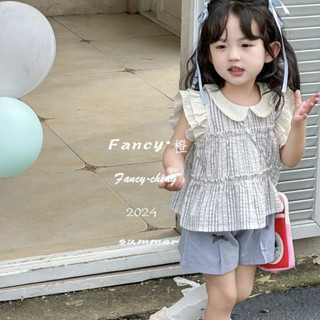 Set áo sọc kẻ cổ sen bèo nách + quần túi đính nơ cho bé gái