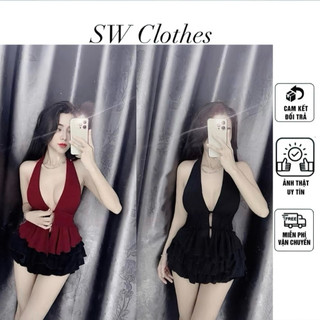 Set 2 món áo yếm khoét hở lưng + chân váy tầng ngắn