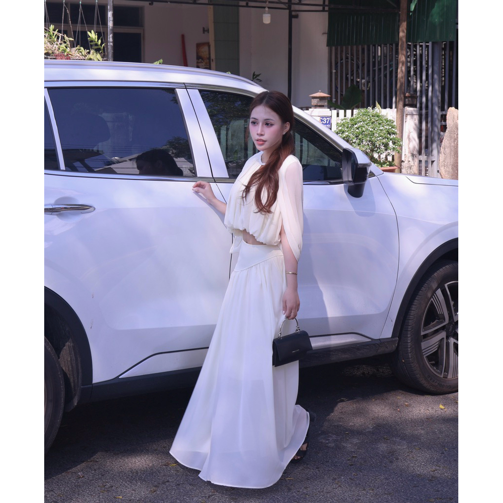 [Sẵn S M]Sét áo voan khoét ngực kèm cv dáng dài S22 SML