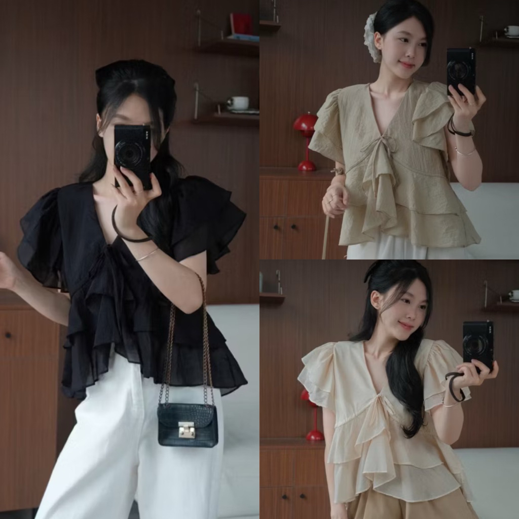 (Hàng chuẩn l1) Áo voan tơ cổ V tay hến xếp tầng Nữ the.sweaterweather TSW