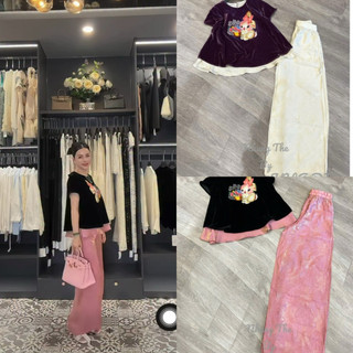 Sét áo nhung the cộc tay lót lụa thêu thỏ form xuông + quần lụa dáng xuông (có bán tách lẻ món)