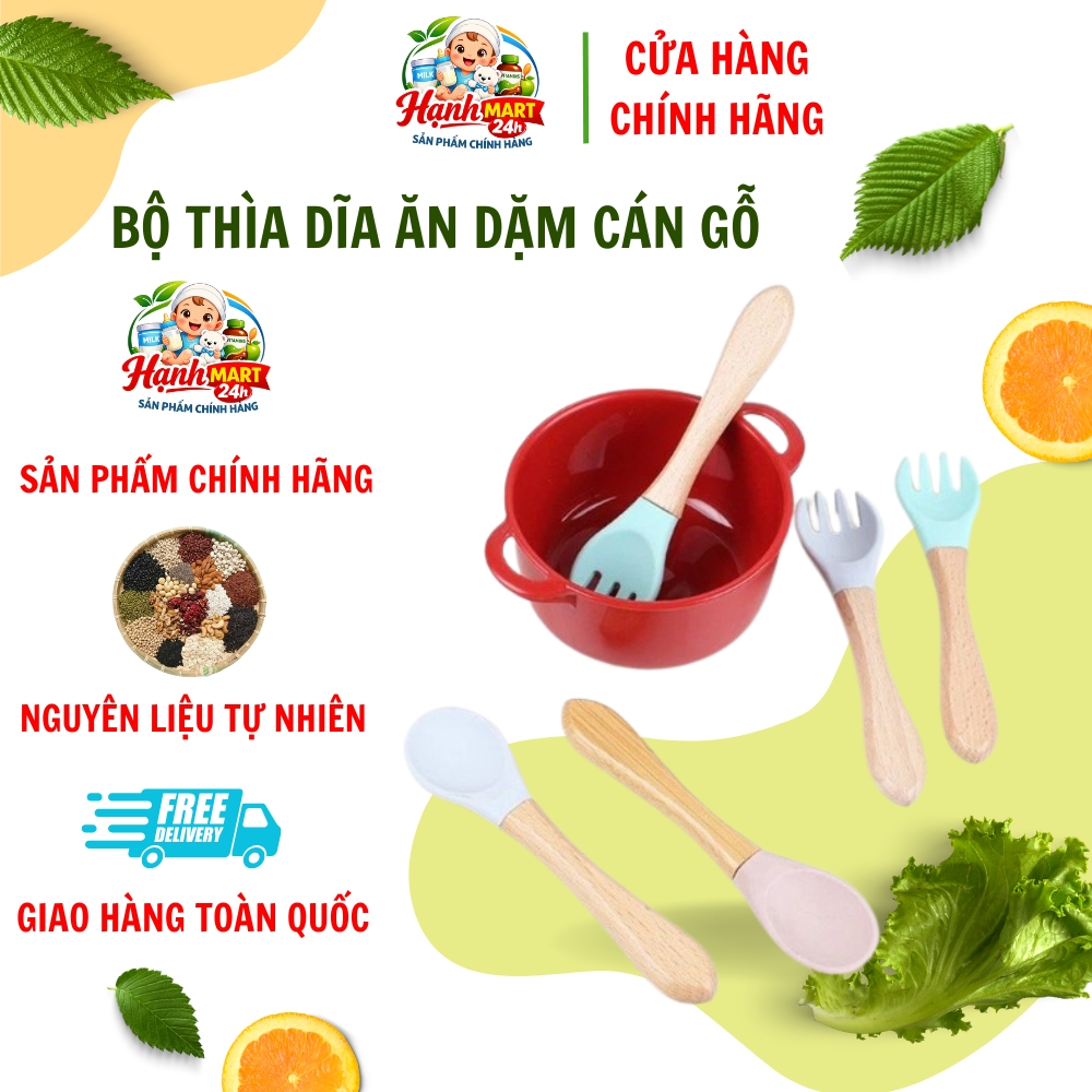 Bộ Thìa Dĩa Silicon Có Tay Cầm Bằng Gỗ Baby Panda Chính Hãng Tiện Lợi Cho Bé Ăn Dặm