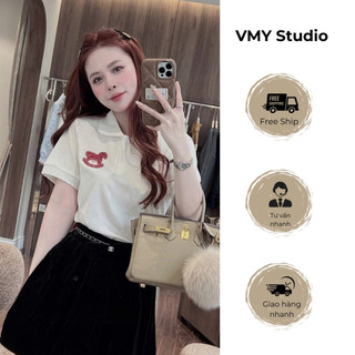 VMY Studio - Áo polo ngựa đá chất mỏng QCCC trẻ trung năng động, áo tay ngắn cổ polo thêu ngựa xinh xắn nữ