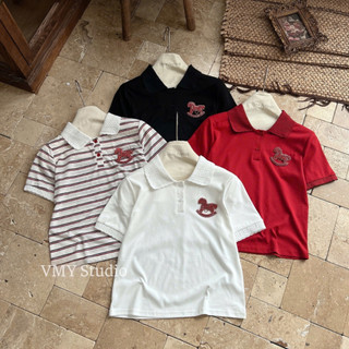 VMY Studio - Áo polo ngựa đá chất mỏng QCCC trẻ trung năng động, áo tay ngắn cổ polo thêu ngựa xinh xắn nữ