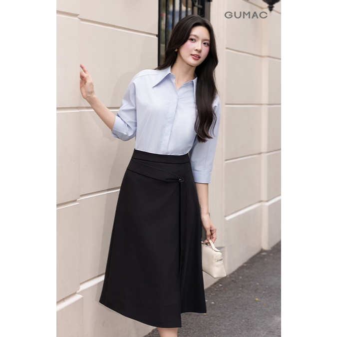 Chân Váy Nữ Dáng A Xòe GUMAC Kiểu Vạt Đắp Chéo Dây Thả Đính Nút Trang Trí Thanh Lịch VG03033