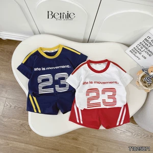 Bộ cotton thể thao hoạ tiết số 23 khoẻ khoắn, bộ thun cộc tay mềm mát cho bé