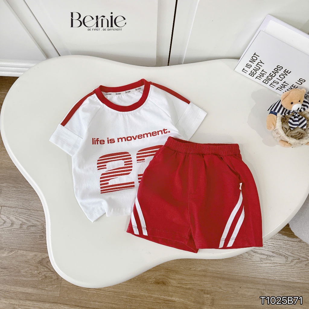 Set cộc tay thể thao in số cá tính Bernie, Bộ cotton cộc tay co giãn thoáng mát cho bé trai 9-28kg