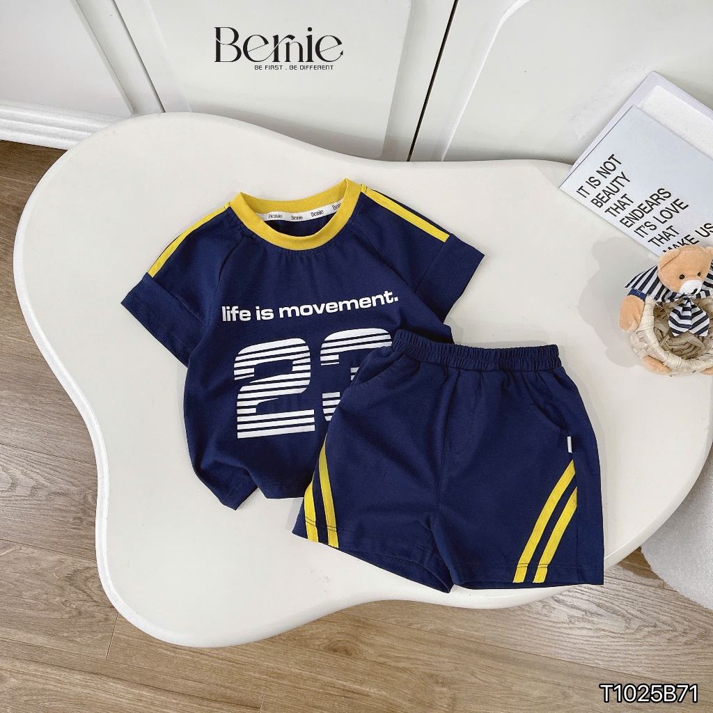 Set cộc tay thể thao in số cá tính Bernie, Bộ cotton cộc tay co giãn thoáng mát cho bé trai 9-28kg