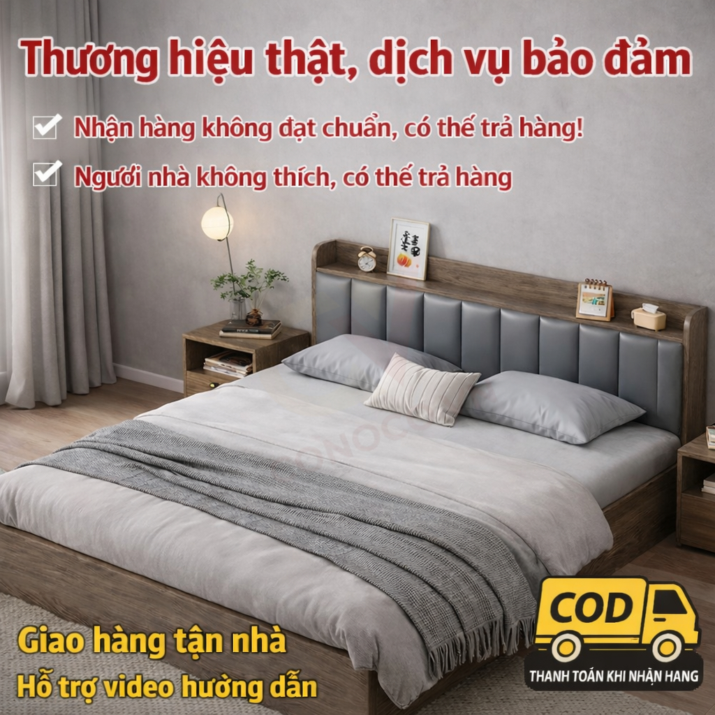 Giường Ngủ Gỗ Bọc Nệm Cao Cấp CONOCO Ván Giường Kín Chống Ồn Chịu Lực Tốt 1m6 1m8