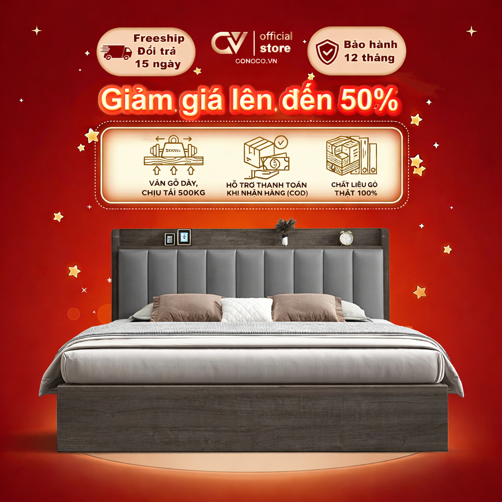 Giường Ngủ Gỗ Bọc Nệm Cao Cấp CONOCO Ván Giường Kín Chống Ồn Chịu Lực Tốt 1m6 1m8