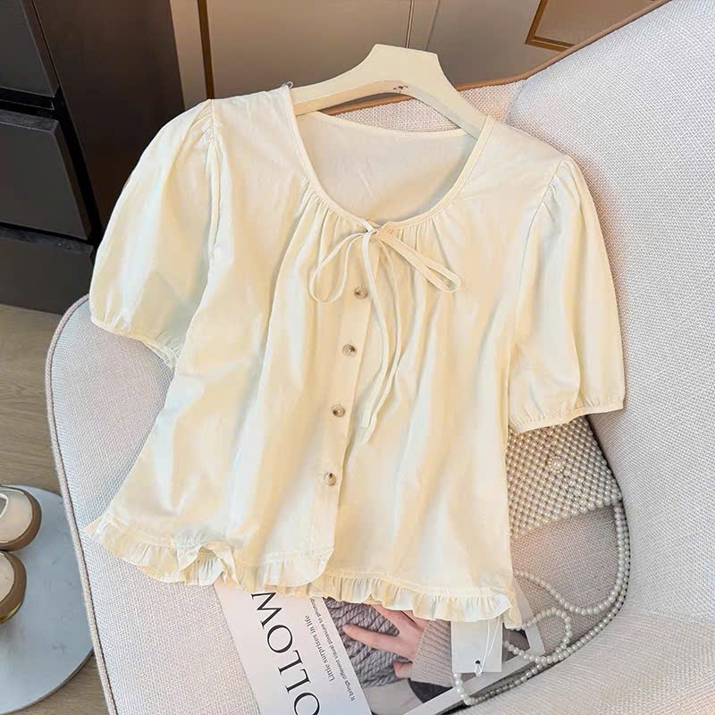 Áo sơ mi thô cổ buộc dây nơ, vạt bèo, chất liệu mềm mại thoáng mát, dễ phối đồ G5