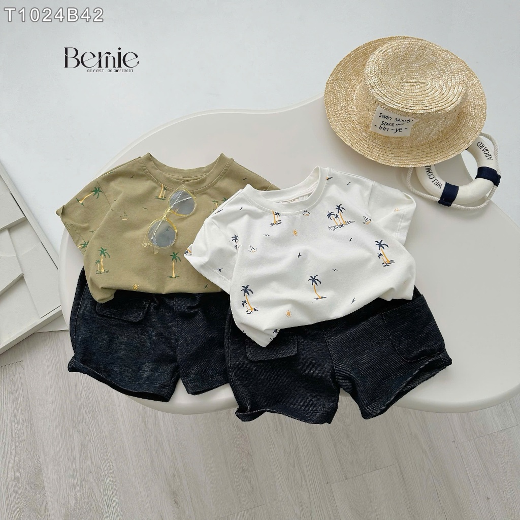 (Hãng Bernie)-Bộ quần áo cộc tay SUNSHINE họa tiết cây Dừa chất áo cotton co dãn ,quần da cá màu Jean mềm thoải mái