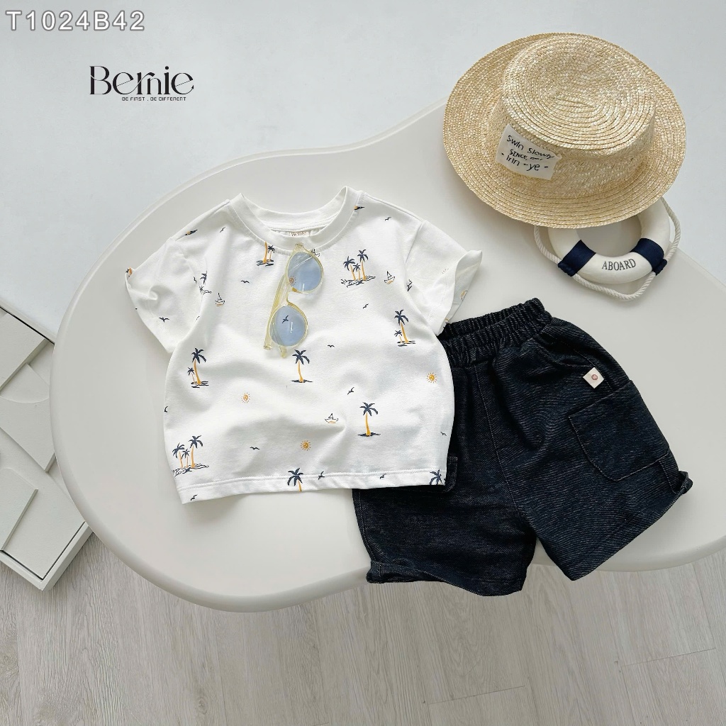 (Hãng Bernie)-Bộ quần áo cộc tay SUNSHINE họa tiết cây Dừa chất áo cotton co dãn ,quần da cá màu Jean mềm thoải mái