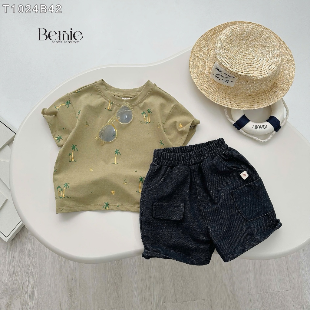 (Hãng Bernie)-Bộ quần áo cộc tay SUNSHINE họa tiết cây Dừa chất áo cotton co dãn ,quần da cá màu Jean mềm thoải mái