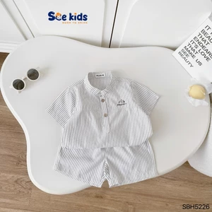 Bộ sơ mi kẻ cổ trụ công tử bé trai, set sơ mi cộc tay hoạ tiết kẻ sành điệu cho bé