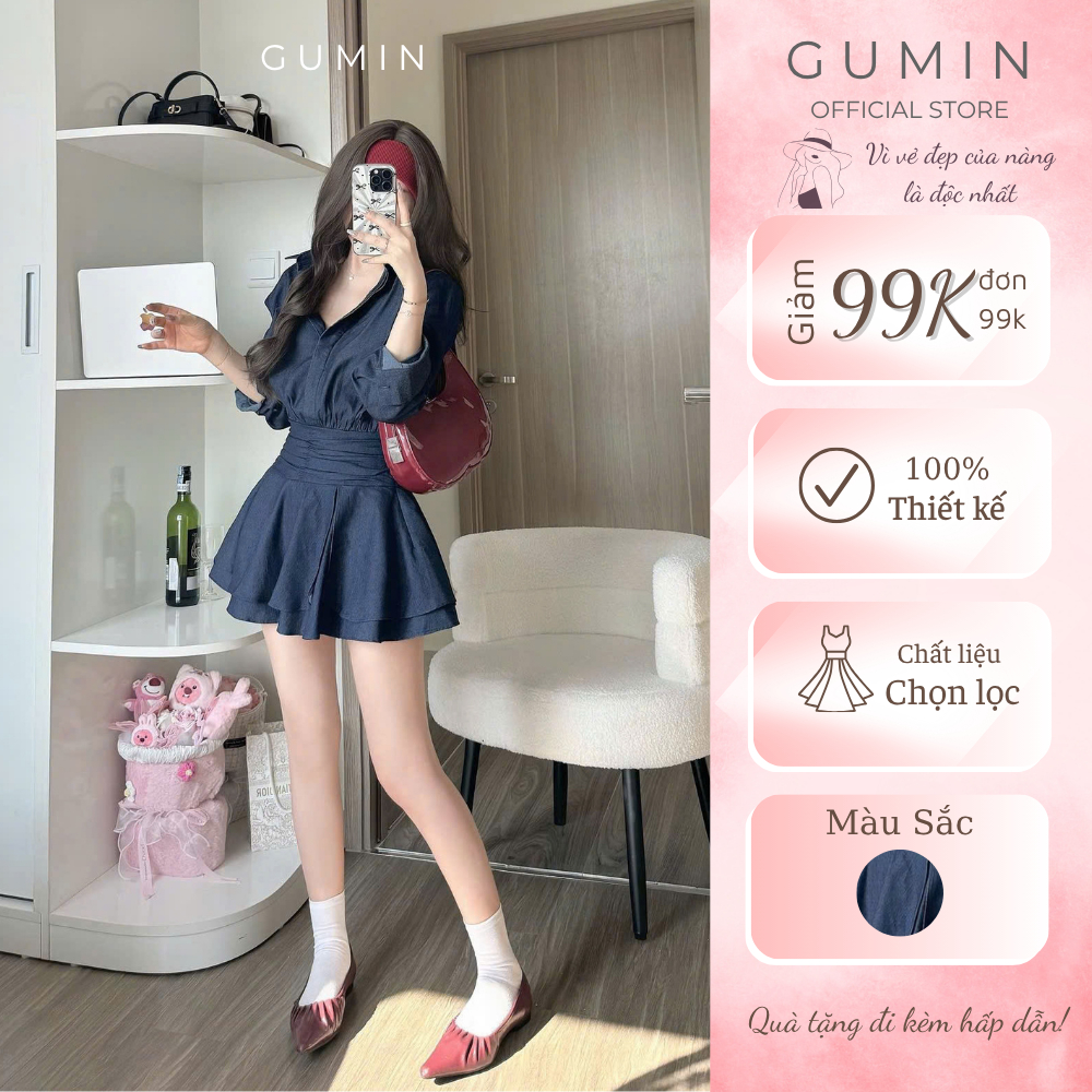 Váy sơ mi bò GUMIN thiết kế váy dài tay phối cổ sơ mi basic chân váy xoè ngắn tiểu thư thanh lịch