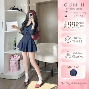 Váy sơ mi bò GUMIN thiết kế váy dài tay phối cổ sơ mi basic chân váy xoè ngắn tiểu thư thanh lịch