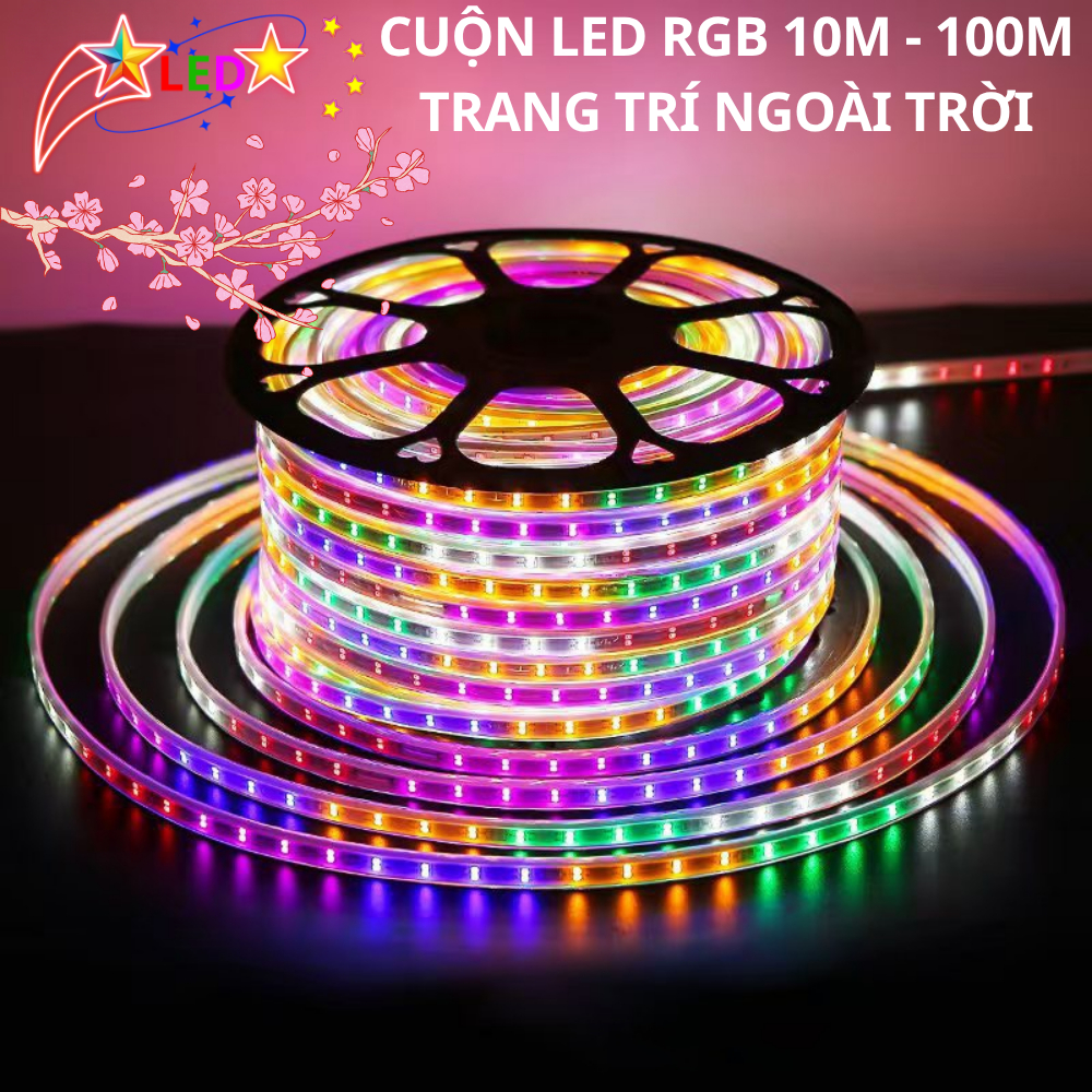 Đèn Led RGB 10 Mét - 50 Mét Có Nút Bấm Chỉnh Màu Và Nguồn Trang Trí Ngoài Trời, Cuốn Cây