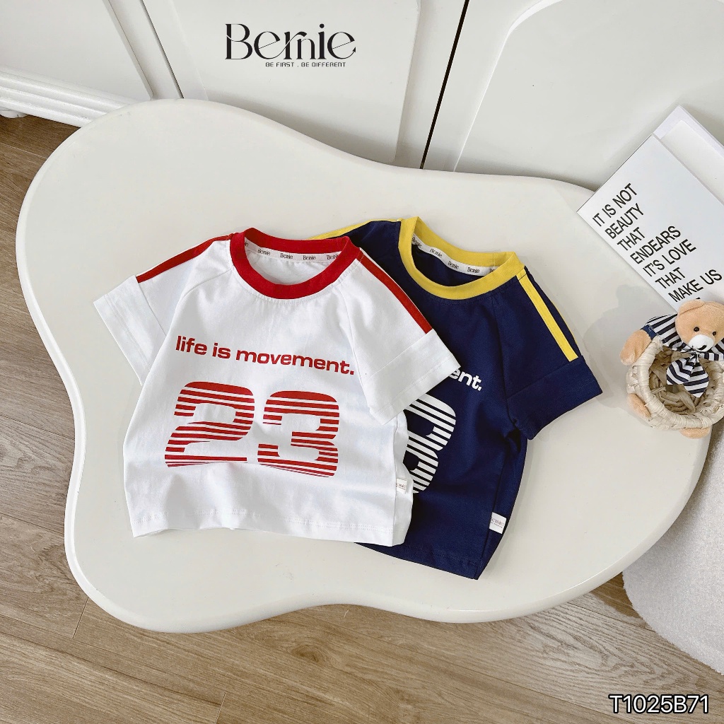 Set cộc tay thể thao in số cá tính Bernie, Bộ cotton cộc tay co giãn thoáng mát cho bé trai 9-28kg