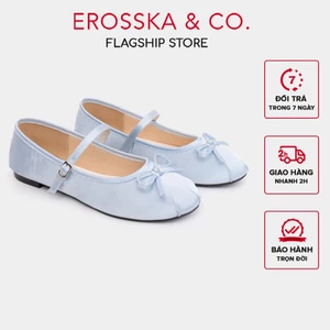 Erosska - Giày balletcore quai ngang mũi nhăn, phối nơ kiểu dáng basic cao 1cm màu xanh - EL118