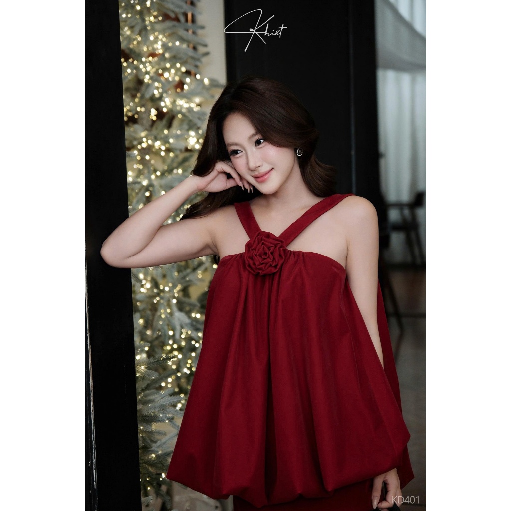 Đầm nhung ngắn Khiết babydoll cổ yếm đính hoa 3D phong cách tiểu thư sang chảnh KD401